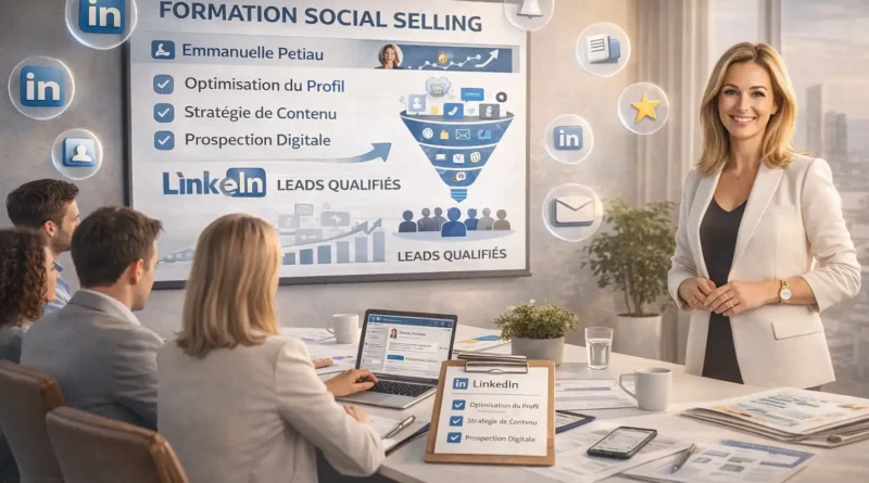 Illustration réaliste d’une formation social selling LinkedIn animée par Emmanuelle Petiau, avec optimisation de profil, stratégie de contenu et prospection digitale pour générer des leads qualifiés.