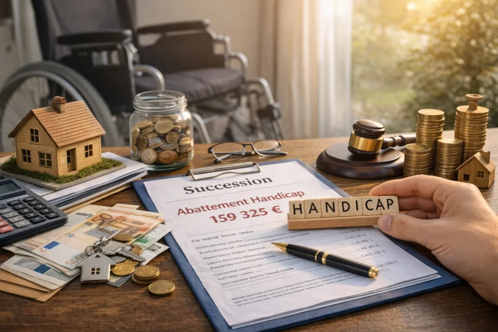 Dossier de succession sur un bureau de notaire avec documents fiscaux, pièces en euros et référence au handicap, illustrant l’abattement handicap sur les droits de succession