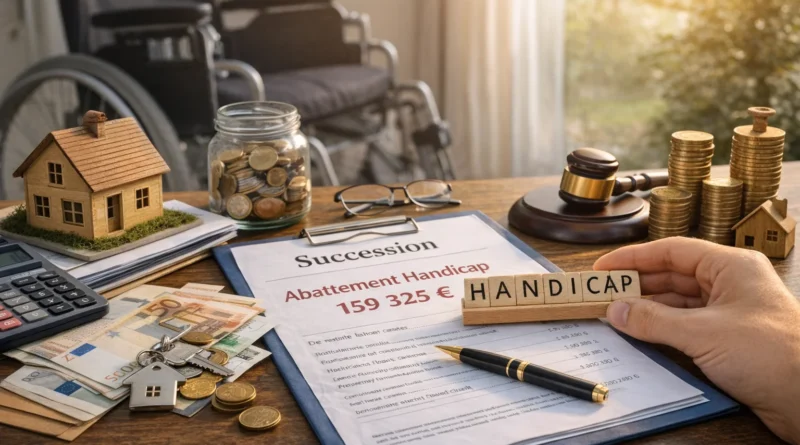 Dossier de succession sur un bureau de notaire avec documents fiscaux, pièces en euros et référence au handicap, illustrant l’abattement handicap sur les droits de succession