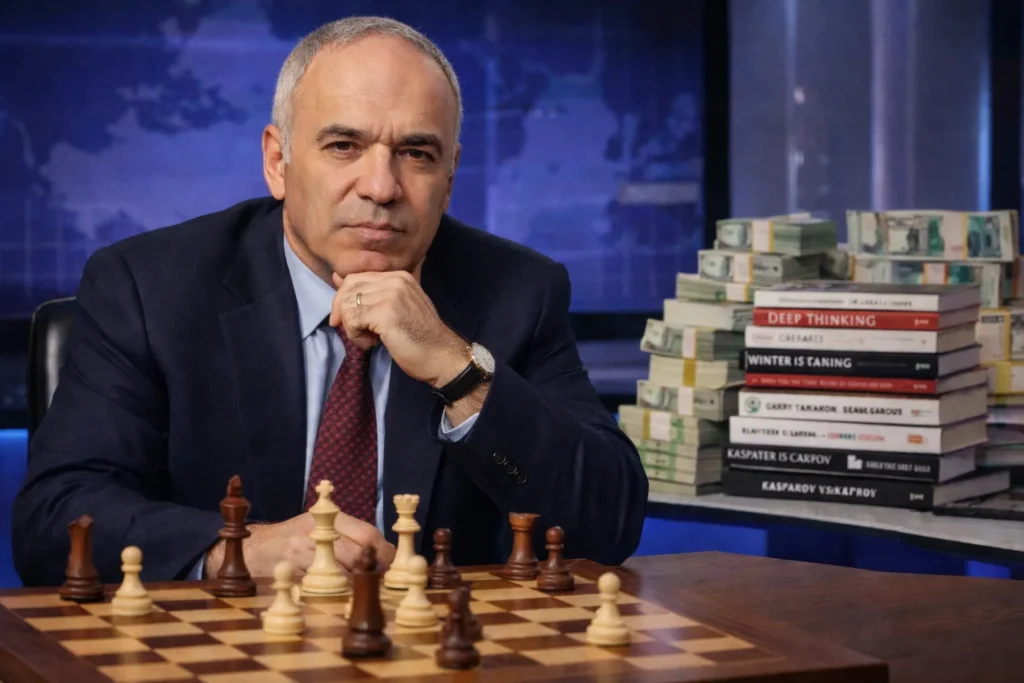 Garry Kasparov, ancien champion du monde d’échecs, assis devant un échiquier dans un cadre professionnel, illustrant sa carrière et ses activités intellectuelles après sa retraite sportive.