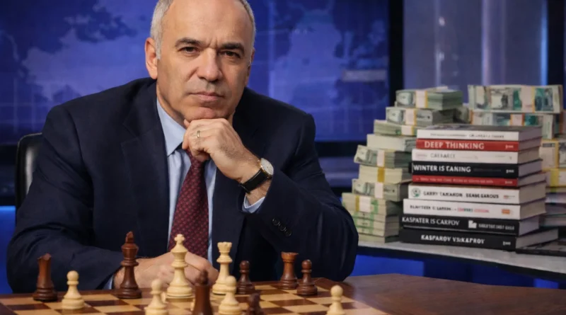 Garry Kasparov, ancien champion du monde d’échecs, assis devant un échiquier dans un cadre professionnel, illustrant sa carrière et ses activités intellectuelles après sa retraite sportive.
