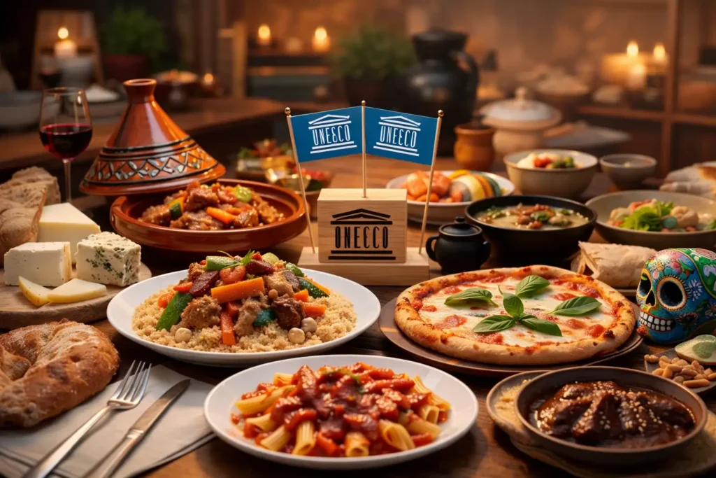 Gastronomie inscrite au patrimoine de l’UNESCO illustrant des pratiques culinaires traditionnelles comme le couscous, la pizza napolitaine et la cuisine du monde, symboles de convivialité et de transmission culturelle.