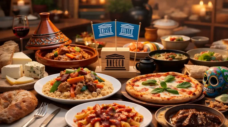 Gastronomie inscrite au patrimoine de l’UNESCO illustrant des pratiques culinaires traditionnelles comme le couscous, la pizza napolitaine et la cuisine du monde, symboles de convivialité et de transmission culturelle.