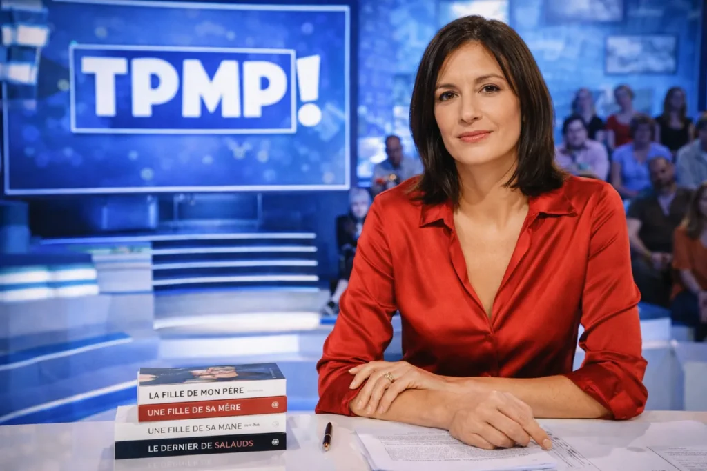 Géraldine Maillet, chroniqueuse de l’émission Touche Pas à Mon Poste et romancière, photographiée sur un plateau de télévision dans un contexte médiatique professionnel.