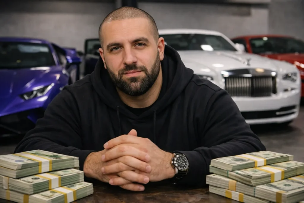 GMK (Georges Maroun Kikano), influenceur automobile basé à Monaco, photographié dans un garage de voitures de luxe, en lien avec ses activités sur YouTube et ses partenariats automobiles.