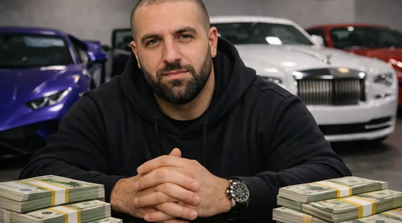 GMK (Georges Maroun Kikano), influenceur automobile basé à Monaco, photographié dans un garage de voitures de luxe, en lien avec ses activités sur YouTube et ses partenariats automobiles.