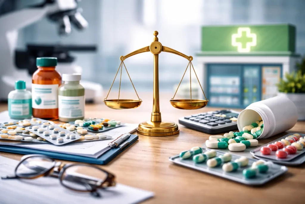 Illustration réaliste du secteur pharmaceutique montrant une balance, des médicaments et un environnement de laboratoire et de pharmacie d’officine