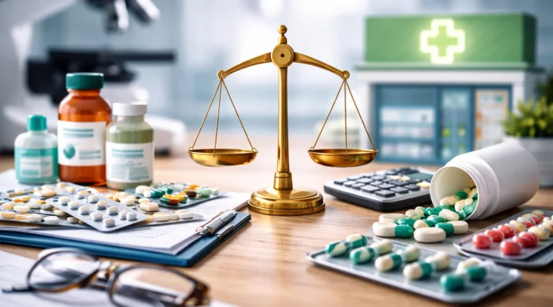 Illustration réaliste du secteur pharmaceutique montrant une balance, des médicaments et un environnement de laboratoire et de pharmacie d’officine