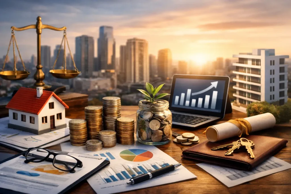 Gestion de patrimoine Immofoch.fr avec investissement immobilier, épargne financière et stratégie patrimoniale globale dans un environnement urbain moderne.