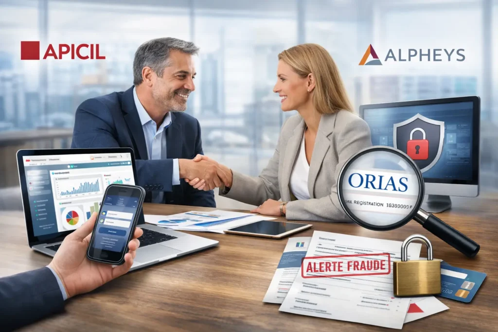 Vue réaliste d’un entretien en gestion de patrimoine avec accès sécurisé à l’espace client, vérification ORIAS et environnement financier professionnel lié à INTENCIAL Patrimoine et au Groupe APICIL.
