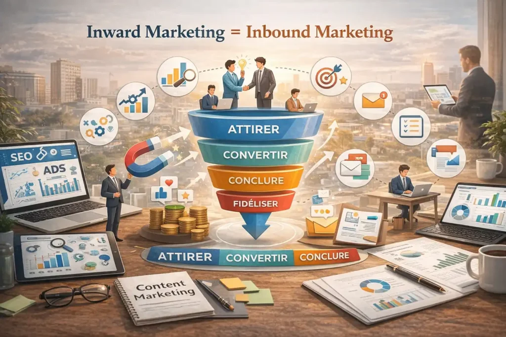 Illustration du inward marketing assimilé à l’inbound marketing avec entonnoir de conversion attirer convertir conclure fidéliser