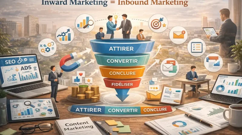 Illustration du inward marketing assimilé à l’inbound marketing avec entonnoir de conversion attirer convertir conclure fidéliser