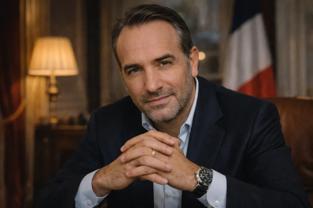 Jean Dujardin, acteur français oscarisé, photographié dans un cadre élégant et institutionnel, en lien avec sa carrière au cinéma et ses cachets rapportés par la presse.