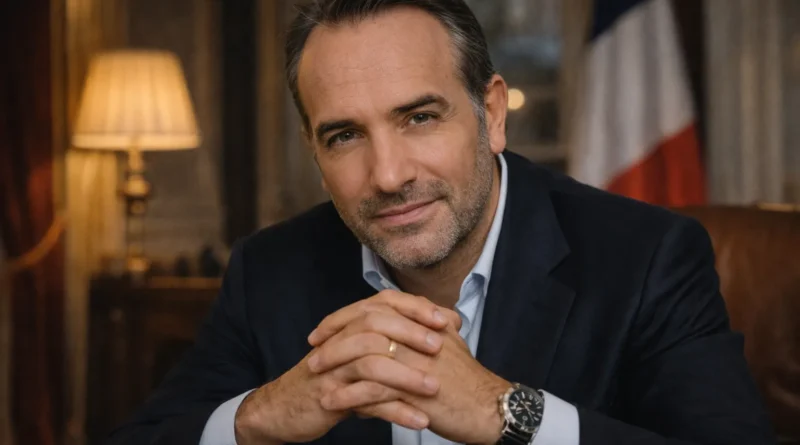 Jean Dujardin, acteur français oscarisé, photographié dans un cadre élégant et institutionnel, en lien avec sa carrière au cinéma et ses cachets rapportés par la presse.