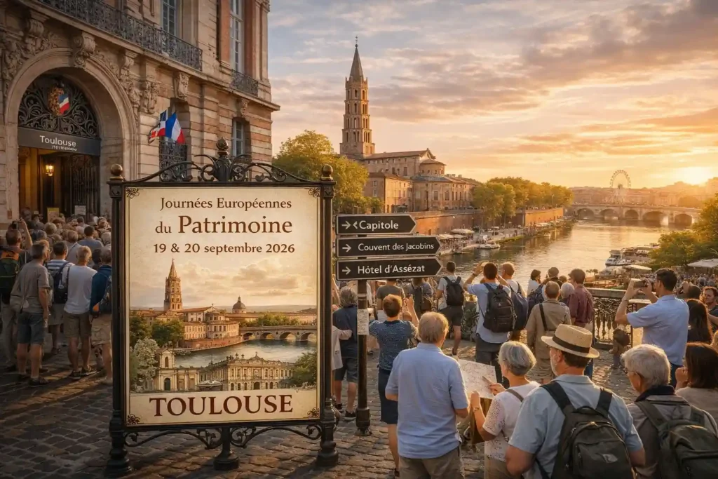 Journées européennes du patrimoine à Toulouse avec visiteurs devant les monuments emblématiques de la ville rose, le Capitole, la basilique Saint-Sernin et les quais de la Garonne.