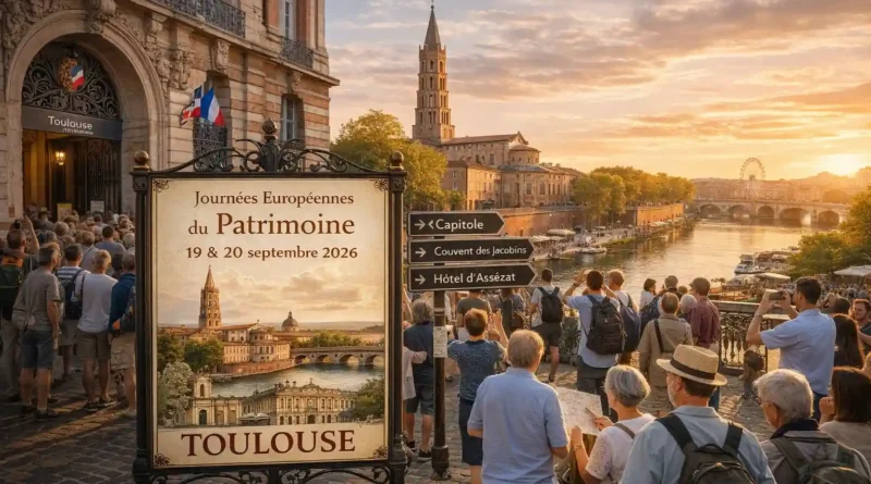 Journées européennes du patrimoine à Toulouse avec visiteurs devant les monuments emblématiques de la ville rose, le Capitole, la basilique Saint-Sernin et les quais de la Garonne.
