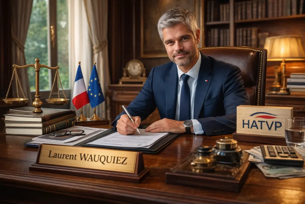 Laurent Wauquiez dans son bureau officiel illustrant la déclaration de patrimoine et les obligations de transparence auprès de la HATVP.
