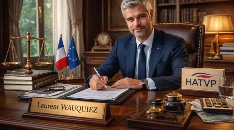 Laurent Wauquiez dans son bureau officiel illustrant la déclaration de patrimoine et les obligations de transparence auprès de la HATVP.