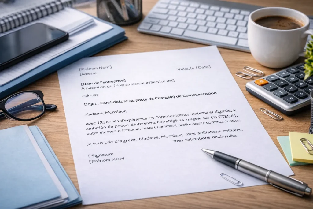 Illustration réaliste d’une lettre de motivation de chargé de communication posée sur un bureau avec ordinateur, smartphone et fournitures de travail