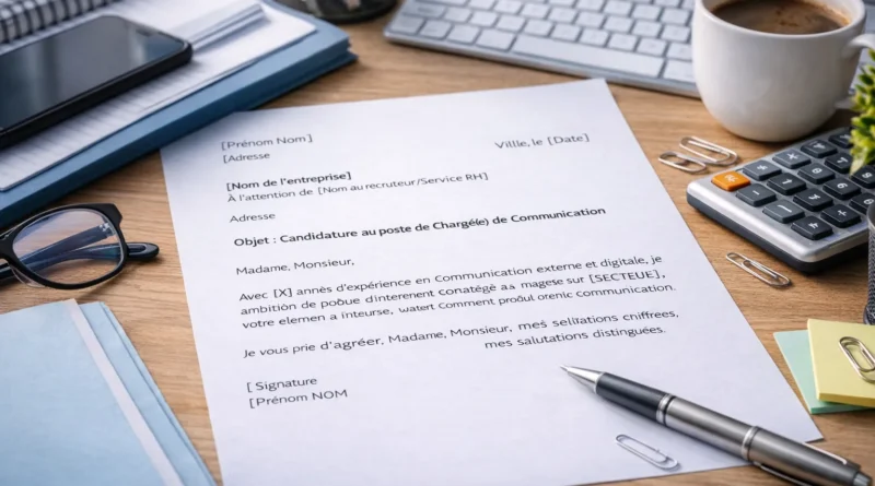 Illustration réaliste d’une lettre de motivation de chargé de communication posée sur un bureau avec ordinateur, smartphone et fournitures de travail