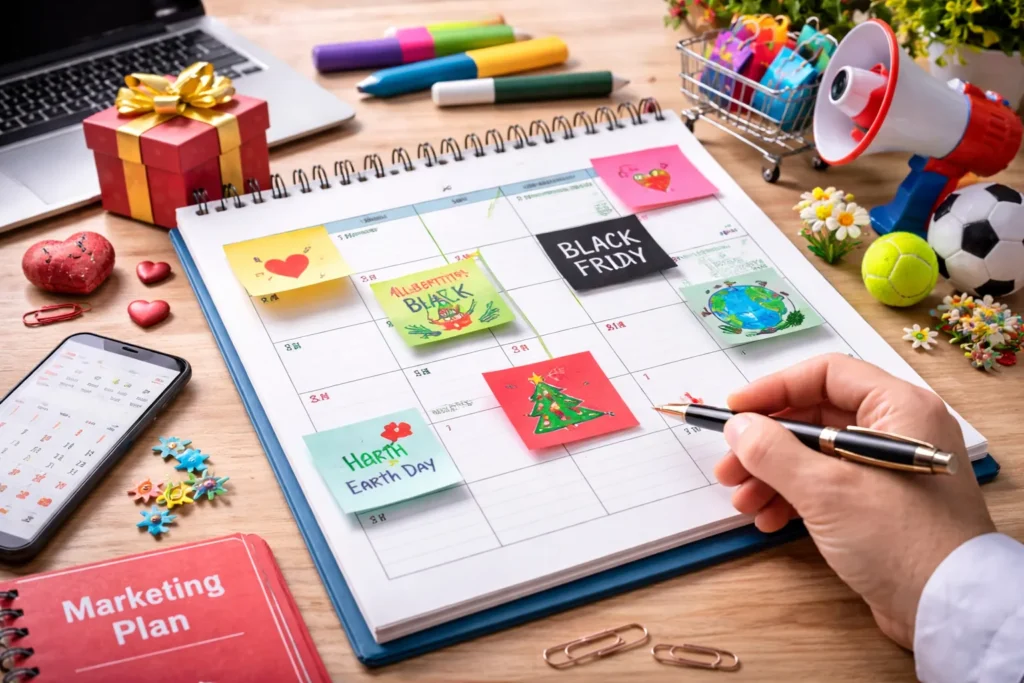Illustration réaliste d’un calendrier marketing avec planification annuelle et objets symbolisant des événements récurrents utilisés en stratégie de contenu