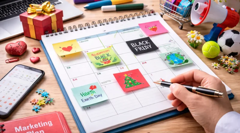 Illustration réaliste d’un calendrier marketing avec planification annuelle et objets symbolisant des événements récurrents utilisés en stratégie de contenu