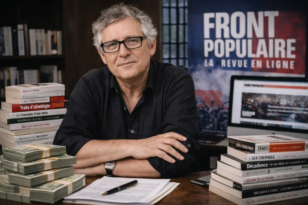 Michel Onfray, philosophe et essayiste français, illustré dans un environnement intellectuel lié à ses livres et à son activité éditoriale.