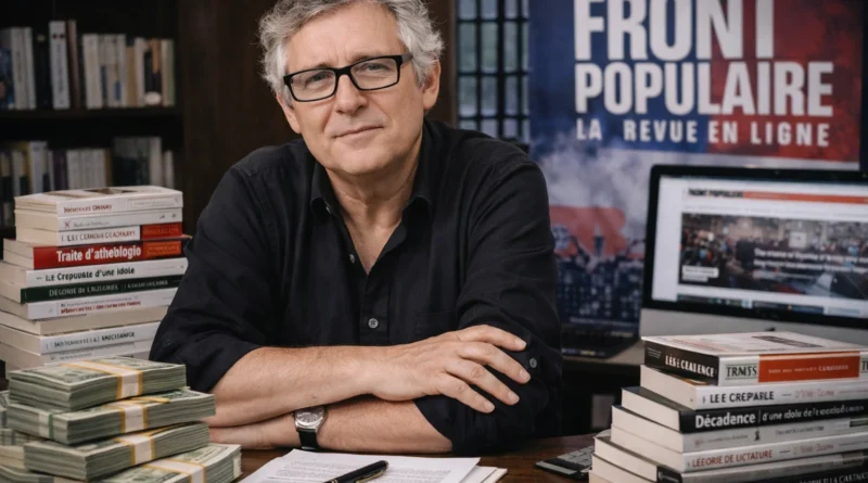 Michel Onfray, philosophe et essayiste français, illustré dans un environnement intellectuel lié à ses livres et à son activité éditoriale.