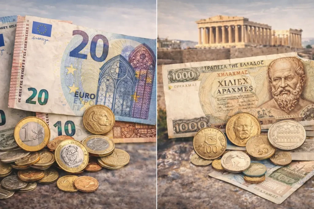 Monnaie en Grèce : comparaison entre l’euro actuel et l’ancienne drachme grecque avec le Parthénon en arrière-plan.