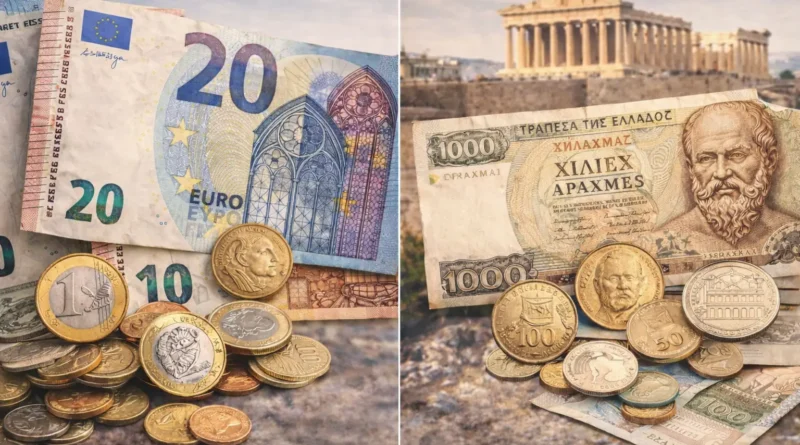 Monnaie en Grèce : comparaison entre l’euro actuel et l’ancienne drachme grecque avec le Parthénon en arrière-plan.
