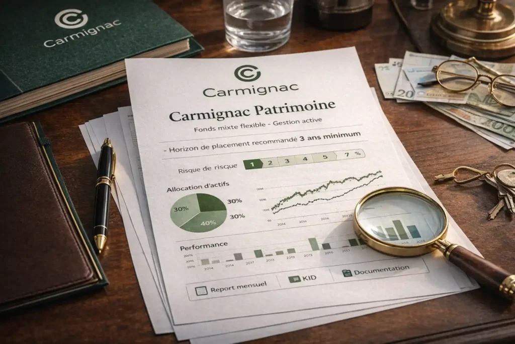 Fonds Carmignac Patrimoine avec rapport financier présentant allocation d’actifs, performances historiques et niveau de risque pour un investissement patrimonial diversifié.