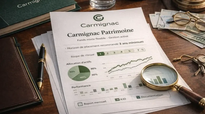 Fonds Carmignac Patrimoine avec rapport financier présentant allocation d’actifs, performances historiques et niveau de risque pour un investissement patrimonial diversifié.