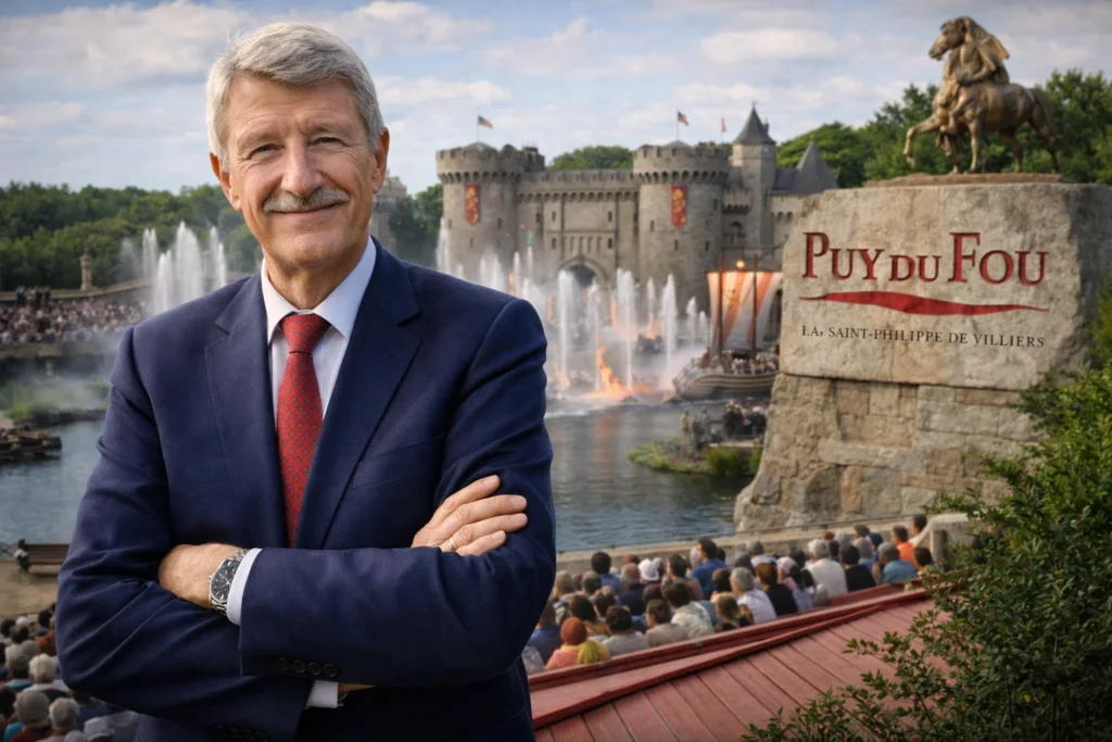 Philippe de Villiers, fondateur du Puy du Fou, photographié dans un contexte lié au parc à thème historique, illustrant son rôle de créateur et les enjeux entre valorisation du parc et patrimoine personnel.