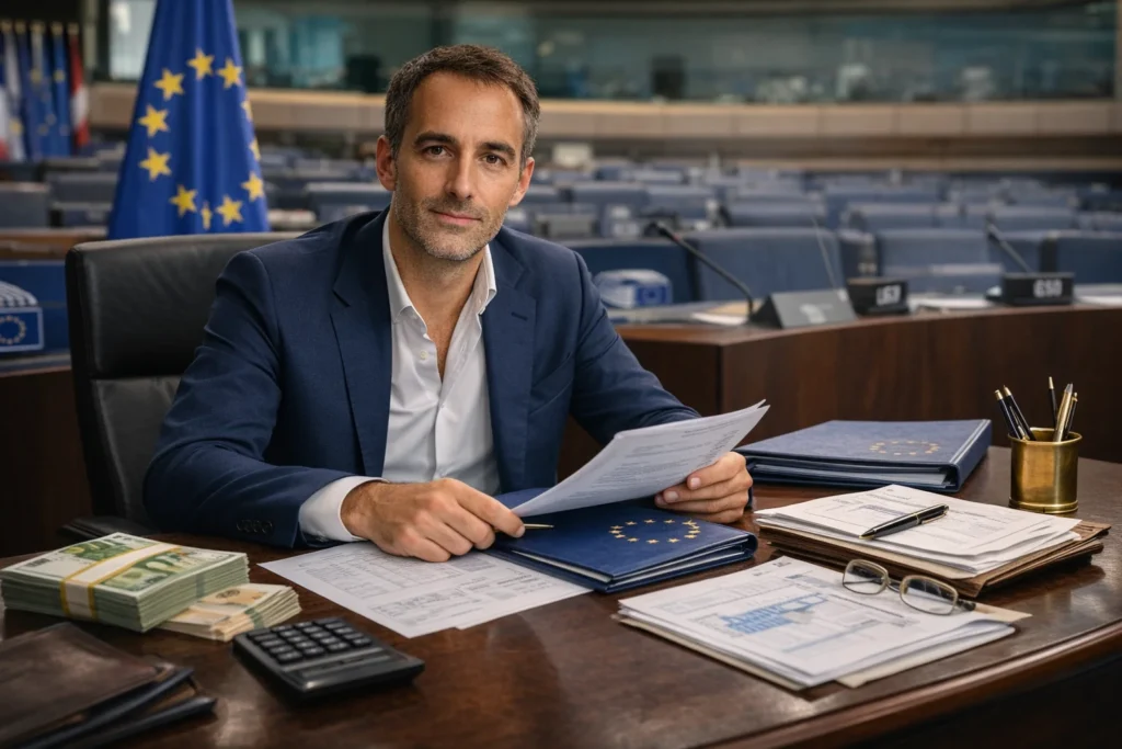 Raphaël Glucksmann, eurodéputé français, illustré dans un contexte institutionnel au Parlement européen, en lien avec ses revenus officiels et ses obligations de transparence.