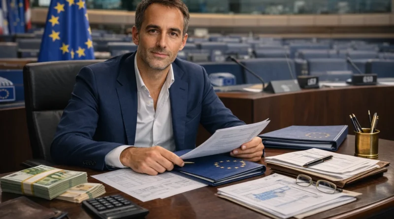 Raphaël Glucksmann, eurodéputé français, illustré dans un contexte institutionnel au Parlement européen, en lien avec ses revenus officiels et ses obligations de transparence.