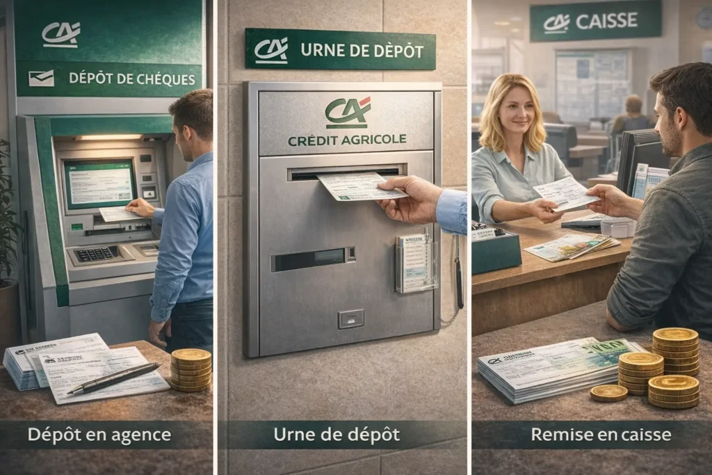 Remise de chèque au Crédit Agricole en agence, par urne de dépôt, automate bancaire ou guichet avec conseiller.