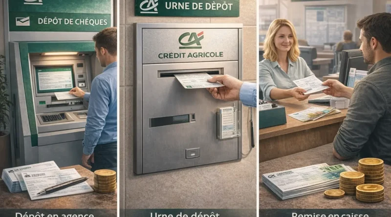 Remise de chèque au Crédit Agricole en agence, par urne de dépôt, automate bancaire ou guichet avec conseiller.