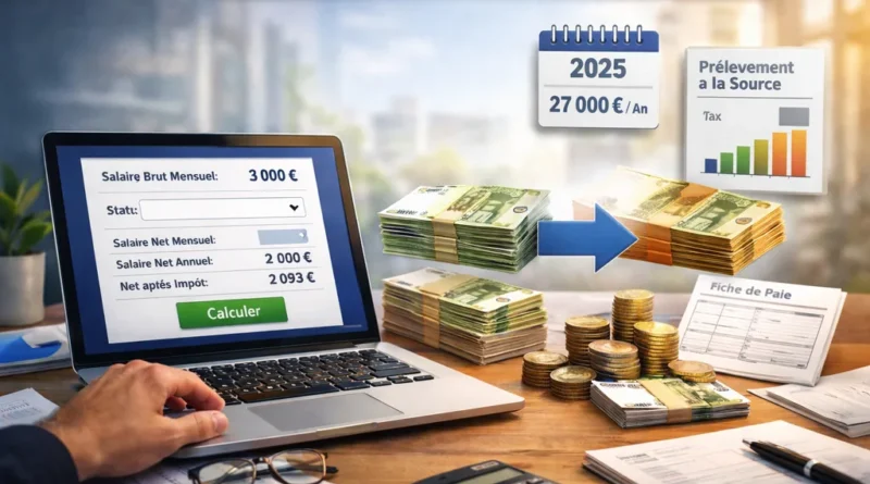Calcul de conversion salaire brut en net sur ordinateur portable, avec calculatrice, billets en euros et fiche de paie sur un bureau.