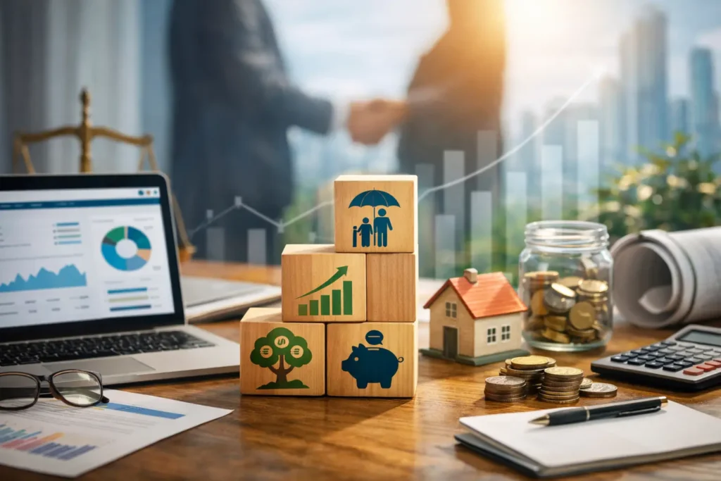 Illustration réaliste de la gestion de patrimoine avec assurance vie, PER et solutions d’épargne accompagnées par un conseiller financier