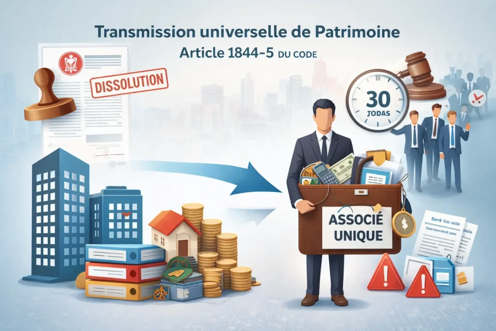 Schéma illustrant la transmission universelle de patrimoine avec dissolution d’une société et reprise de l’actif et du passif par l’associé unique