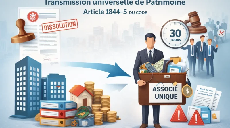 Schéma illustrant la transmission universelle de patrimoine avec dissolution d’une société et reprise de l’actif et du passif par l’associé unique
