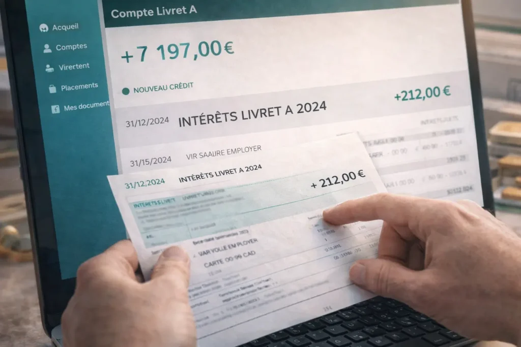 Virement bancaire de 212 euros correspondant aux intérêts annuels du Livret A crédités en fin d’année sur un compte bancaire.