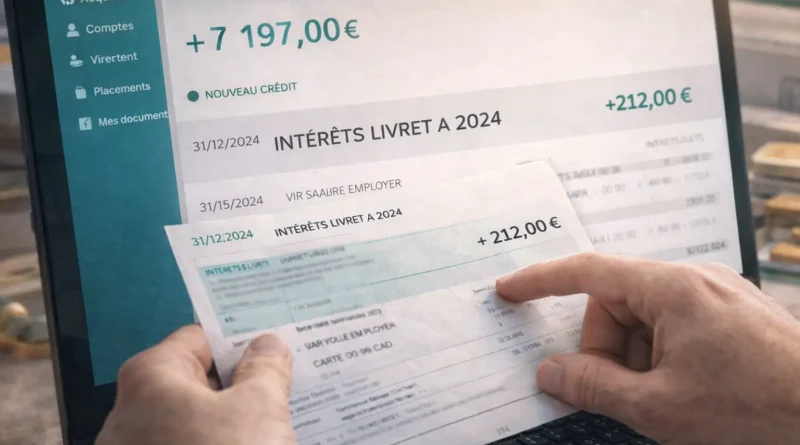 Virement bancaire de 212 euros correspondant aux intérêts annuels du Livret A crédités en fin d’année sur un compte bancaire.
