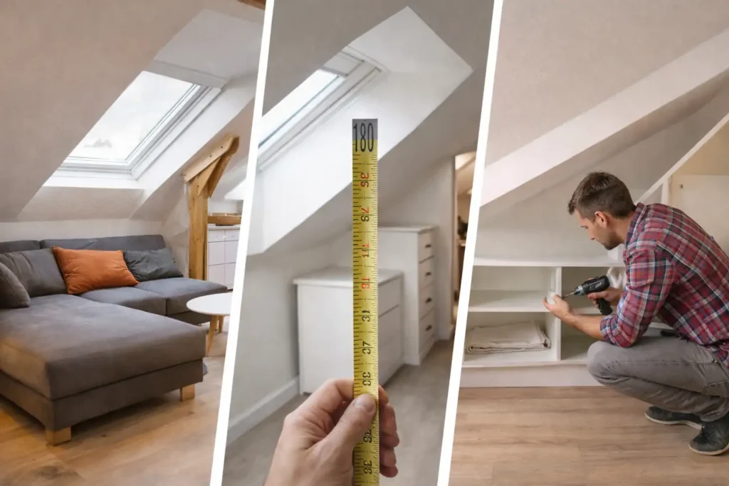 Appartement mansardé sous les toits avec plafonds en pente, fenêtre de toit, mesure de hauteur sous plafond et rangements sous pente