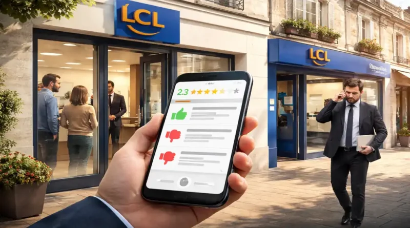 Agence LCL Chantilly vue extérieure rue commerçante avec client consultant des avis en ligne sur smartphone devant la banque