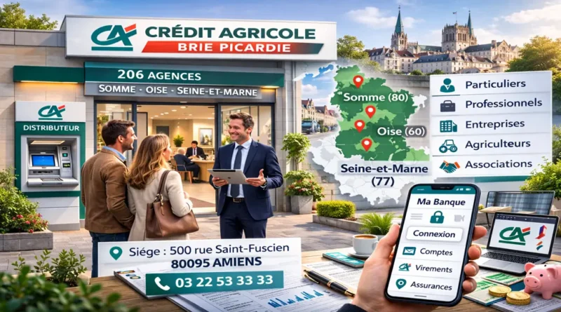 Agence Crédit Agricole Brie Picardie avec conseiller accueillant des clients et services bancaires en ligne Ma Banque affichés sur smartphone