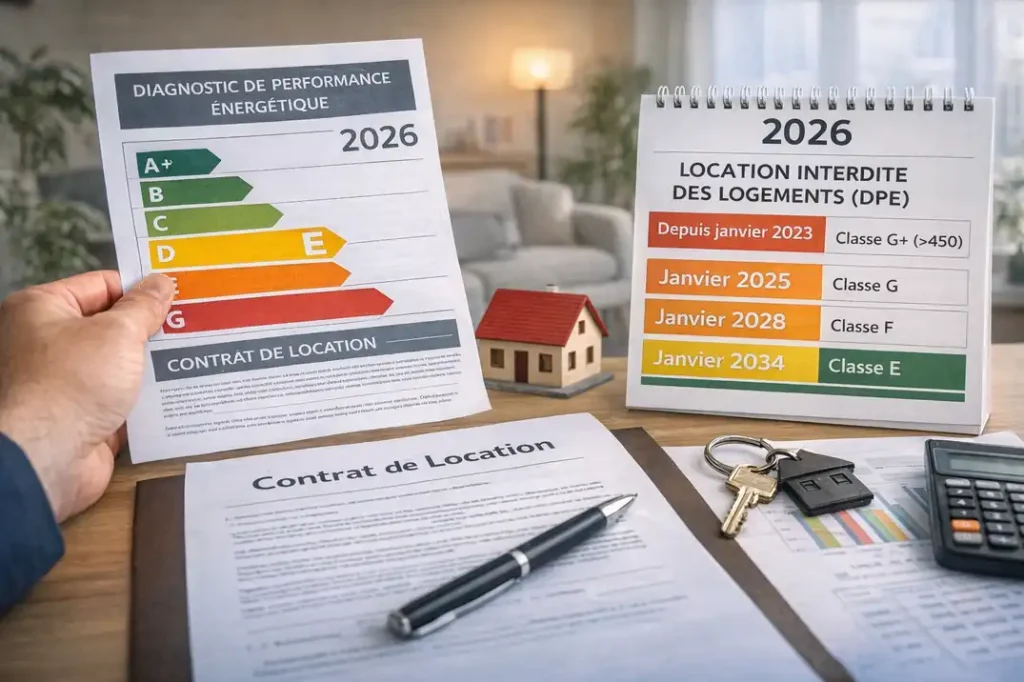 Logement classé DPE E autorisé à la location en 2026, diagnostic de performance énergétique annexé au bail et calendrier d’interdiction progressive