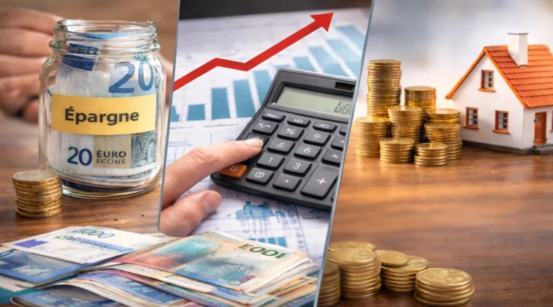 Illustration de l’épargne moyenne des Français avec tirelire en billets euros, calculatrice financière et maison symbolisant le patrimoine et le taux d’épargne