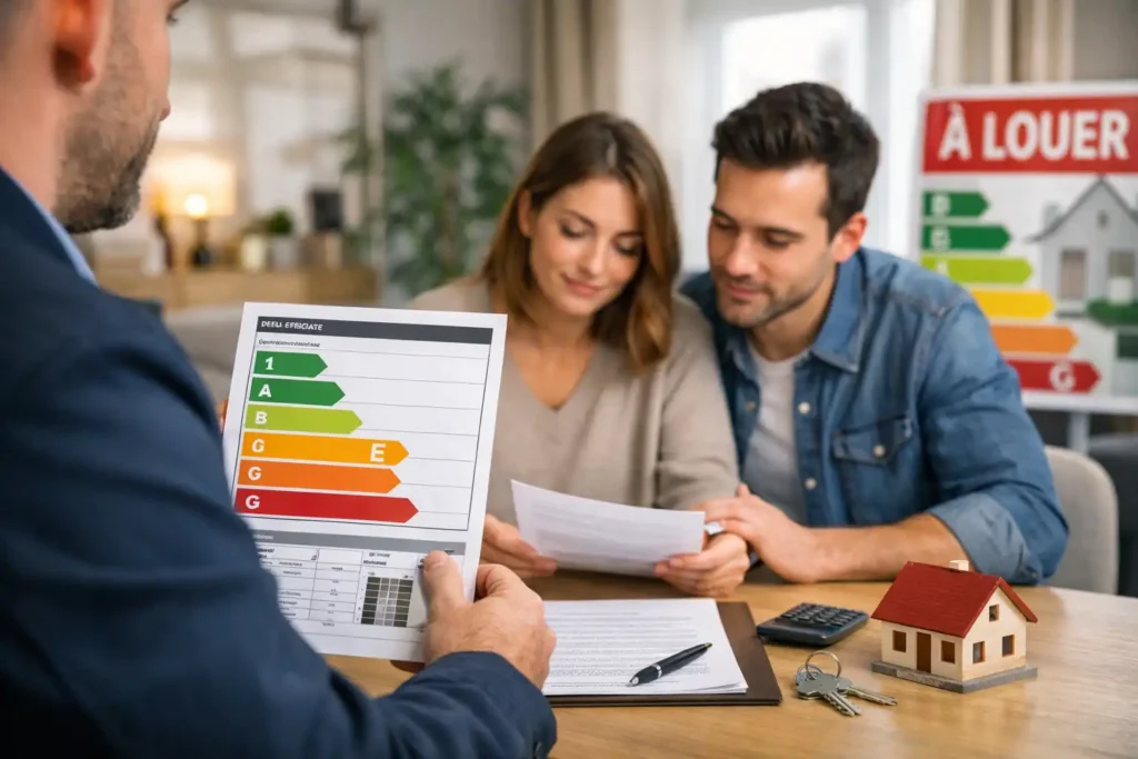 Diagnostic de performance énergétique obligatoire pour la location d’un logement en France, présentation du DPE au locataire lors de la signature du bail