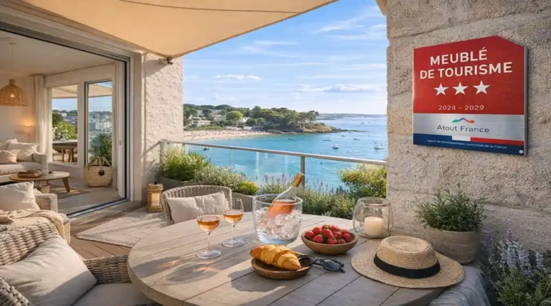 Location saisonnière en meublé de tourisme avec terrasse et vue mer, illustrant la différence entre location courte durée et meublé de tourisme classé